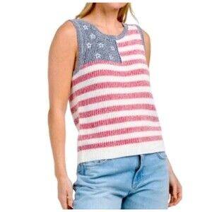 Lucky Brand Women’s Knit Sleeveless USA Flag Red White And Blue Patriotic Size L